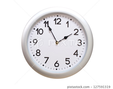 Round Silver Wall Clock Showing 01:55 or 13:55 Isolated-White. Useful for concepts like noon, midnight, deadline, countdown, or time management. Round Silver Wall Clock Showing 01:55 or 13:55 Isolated-White. Useful for concepts like noon, midnight, deadline, countdown, or time management. 127591319