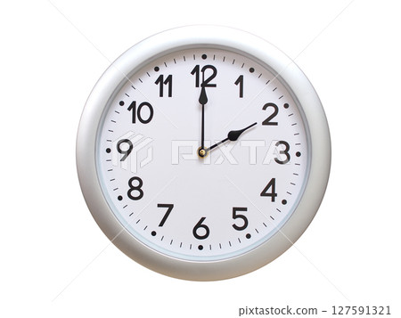 Round Silver Wall Clock Showing 02:00 or 14:00 Isolated-White. Useful for concepts like noon, midnight, deadline, countdown, or time management. 127591321