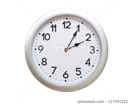 Round Silver Wall Clock Showing 02:05 or 14:05 Isolated-White. Useful for concepts like noon, midnight, deadline, countdown, or time management. 127591322