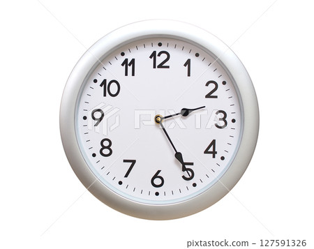 Round Silver Wall Clock Showing 02:25 or 14:25 Isolated-White. Useful for concepts like noon, midnight, deadline, countdown, or time management. 127591326
