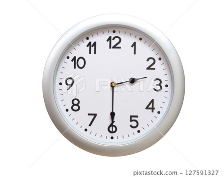 Round Silver Wall Clock Showing 02:30 or 14:30 Isolated-White. Useful for concepts like noon, midnight, deadline, countdown, or time management. 127591327
