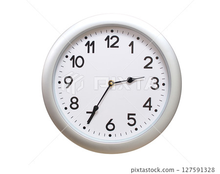 Round Silver Wall Clock Showing 02:35 or 14:35 Isolated-White. Useful for concepts like noon, midnight, deadline, countdown, or time management. 127591328