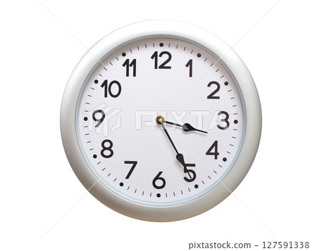 Round Silver Wall Clock Showing 03:25 or 15:25 Isolated-White. Useful for concepts like noon, midnight, deadline, countdown, or time management. 127591338