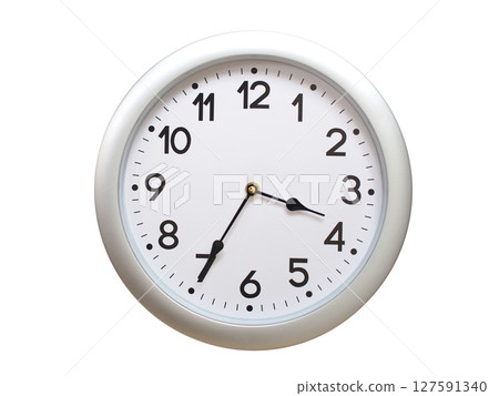 Round Silver Wall Clock Showing 03:35 or 15:35 Isolated-White. Useful for concepts like noon, midnight, deadline, countdown, or time management. 127591340