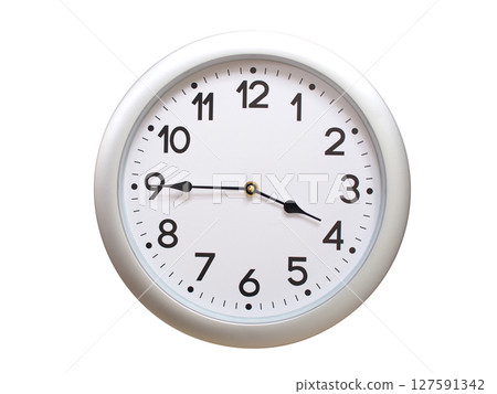 Round Silver Wall Clock Showing 03:45 or 15:45 Isolated-White. Useful for concepts like noon, midnight, deadline, countdown, or time management. 127591342