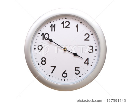 Round Silver Wall Clock Showing 03:50 or 15:50 Isolated-White. Useful for concepts like noon, midnight, deadline, countdown, or time management. Round Silver Wall Clock Showing 03:50 or 15:50 Isolated-White. Useful for concepts like noon, midnight, deadline, countdown, or time management. 127591343