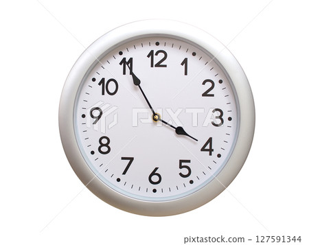 Round Silver Wall Clock Showing 03:55 or 15:55 Isolated-White. Useful for concepts like noon, midnight, deadline, countdown, or time management. Round Silver Wall Clock Showing 03:55 or 15:55 Isolated-White. Useful for concepts like noon, midnight, deadline, countdown, or time management. 127591344