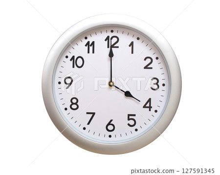 Round Silver Wall Clock Showing 04:00 or 16:00 Isolated-White. Useful for concepts like noon, midnight, deadline, countdown, or time management. 127591345