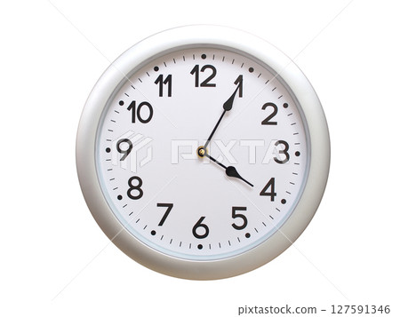 Round Silver Wall Clock Showing 04:05 or 16:05 Isolated-White. Useful for concepts like noon, midnight, deadline, countdown, or time management. Round Silver Wall Clock Showing 04:05 or 16:05 Isolated-White. Useful for concepts like noon, midnight, deadline, countdown, or time management. 127591346