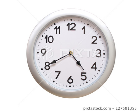 Round Silver Wall Clock Showing 04:40 or 16:40 Isolated-White. Useful for concepts like noon, midnight, deadline, countdown, or time management. 127591353