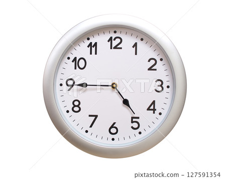 Round Silver Wall Clock Showing 04:45 or 16:45 Isolated-White. Useful for concepts like noon, midnight, deadline, countdown, or time management. Round Silver Wall Clock Showing 04:45 or 16:45 Isolated-White. Useful for concepts like noon, midnight, deadline, countdown, or time management. 127591354