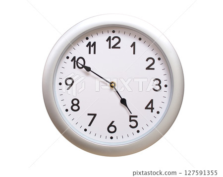 Round Silver Wall Clock Showing 04:50 or 16:50 Isolated-White. Useful for concepts like noon, midnight, deadline, countdown, or time management. Round Silver Wall Clock Showing 04:50 or 16:50 Isolated-White. Useful for concepts like noon, midnight, deadline, countdown, or time management. 127591355