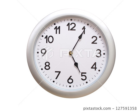 Round Silver Wall Clock Showing 05:05 or 17:05 Isolated-White. Useful for concepts like noon, midnight, deadline, countdown, or time management. Round Silver Wall Clock Showing 05:05 or 17:05 Isolated-White. Useful for concepts like noon, midnight, deadline, countdown, or time management. 127591358