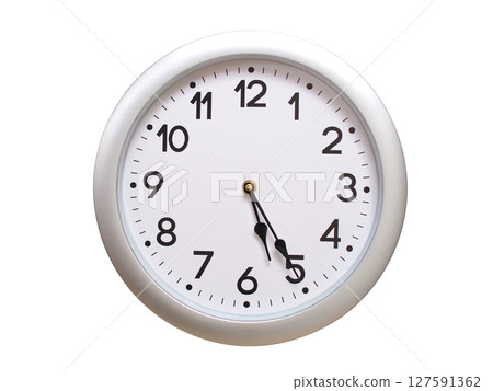 Round Silver Wall Clock Showing 05:25 or 17:25 Isolated-White. Useful for concepts like noon, midnight, deadline, countdown, or time management. 127591362