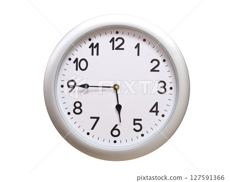 Round Silver Wall Clock Showing 05:45 or 17:45 Isolated-White. Useful for concepts like noon, midnight, deadline, countdown, or time management. 127591366