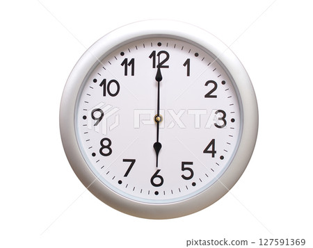Round Silver Wall Clock Showing 06:00 or 18:00 Isolated-White. Useful for concepts like noon, midnight, deadline, countdown, or time management. 127591369