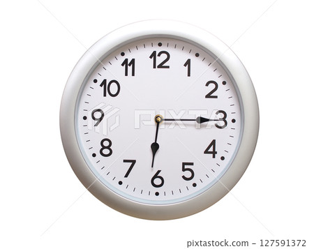 Round Silver Wall Clock Showing 06:15 or 18:15 Isolated-White. Useful for concepts like noon, midnight, deadline, countdown, or time management. 127591372