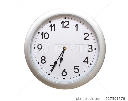 Round Silver Wall Clock Showing 06:35 or 18:35 Isolated-White. Useful for concepts like noon, midnight, deadline, countdown, or time management. 127591376