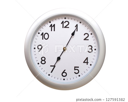 Round Silver Wall Clock Showing 07:05 or 19:05 Isolated-White. Useful for concepts like noon, midnight, deadline, countdown, or time management. 127591382