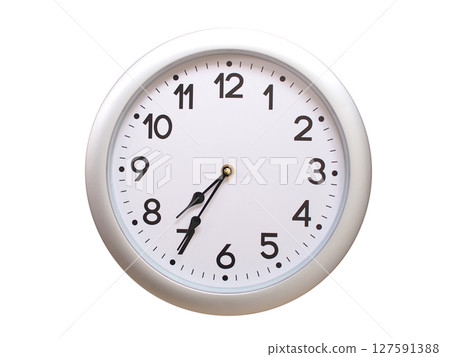 Round Silver Wall Clock Showing 07:35 or 19:35 Isolated-White. Useful for concepts like noon, midnight, deadline, countdown, or time management. Round Silver Wall Clock Showing 07:35 or 19:35 Isolated-White. Useful for concepts like noon, midnight, deadline, countdown, or time management. 127591388