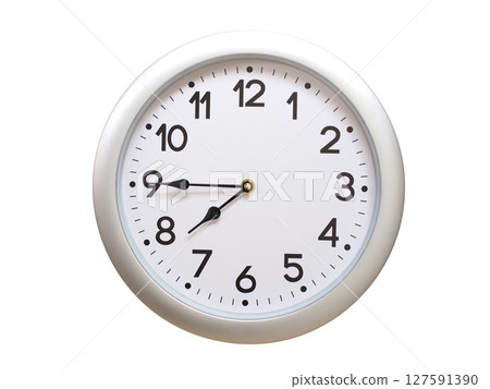 Round Silver Wall Clock Showing 07:45 or 19:45 Isolated-White. Useful for concepts like noon, midnight, deadline, countdown, or time management. 127591390