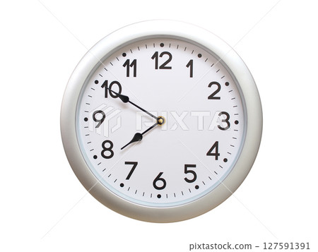 Round Silver Wall Clock Showing 07:50 or 19:50 Isolated-White. Useful for concepts like noon, midnight, deadline, countdown, or time management. 127591391