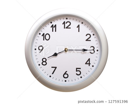 Round Silver Wall Clock Showing 08:15 or 20:15 Isolated-White. Useful for concepts like noon, midnight, deadline, countdown, or time management. 127591396