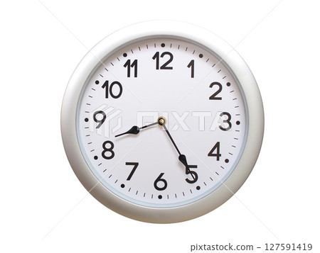 Round Silver Wall Clock Showing 08:25 or 20:25 Isolated-White. Useful for concepts like noon, midnight, deadline, countdown, or time management. 127591419