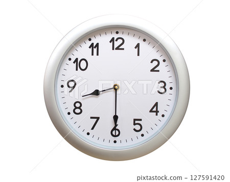Round Silver Wall Clock Showing 08:30 or 20:30 Isolated-White. Useful for concepts like noon, midnight, deadline, countdown, or time management. 127591420