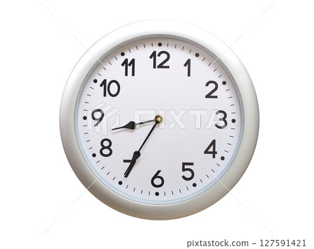 Round Silver Wall Clock Showing 08:35 or 20:35 Isolated-White. Useful for concepts like noon, midnight, deadline, countdown, or time management. Round Silver Wall Clock Showing 08:35 or 20:35 Isolated-White. Useful for concepts like noon, midnight, deadline, countdown, or time management. 127591421