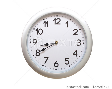 Round Silver Wall Clock Showing 08:40 or 20:40 Isolated-White. Useful for concepts like noon, midnight, deadline, countdown, or time management. 127591422