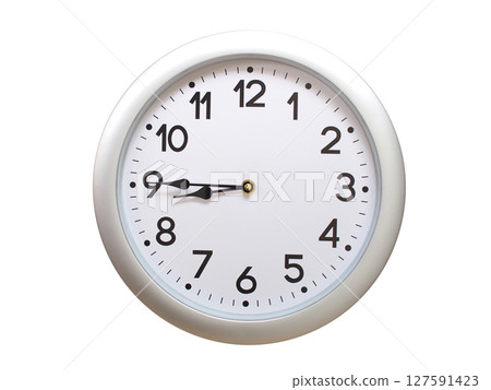 Round Silver Wall Clock Showing 08:45 or 20:45 Isolated-White. Useful for concepts like noon, midnight, deadline, countdown, or time management. 127591423