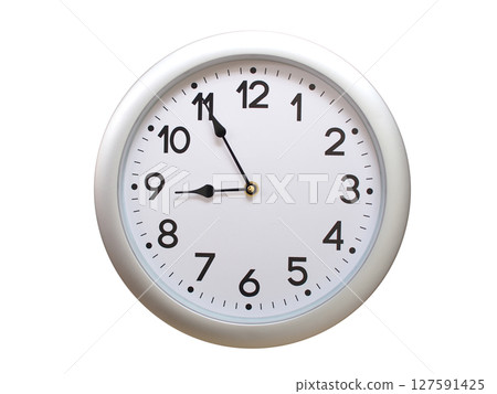 Round Silver Wall Clock Showing 08:55 or 20:55 Isolated-White. Useful for concepts like noon, midnight, deadline, countdown, or time management. 127591425