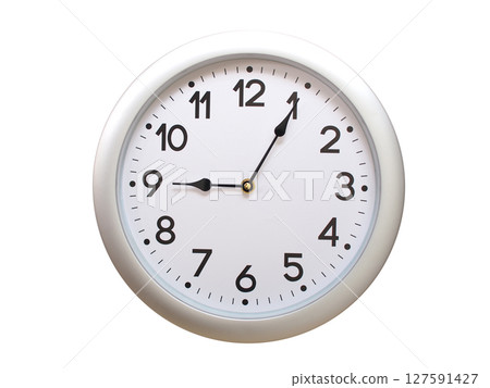 Round Silver Wall Clock Showing 09:05 or 21:05 Isolated-White. Useful for concepts like noon, midnight, deadline, countdown, or time management. 127591427
