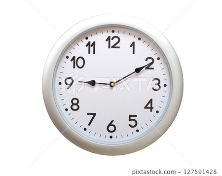 Round Silver Wall Clock Showing 09:10 or 21:10 Isolated-White. Useful for concepts like noon, midnight, deadline, countdown, or time management. Round Silver Wall Clock Showing 09:10 or 21:10 Isolated-White. Useful for concepts like noon, midnight, deadline, countdown, or time management. 127591428
