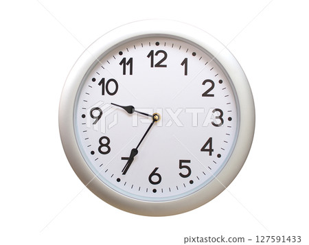 Round Silver Wall Clock Showing 09:35 or 21:35 Isolated-White. Useful for concepts like noon, midnight, deadline, countdown, or time management. 127591433