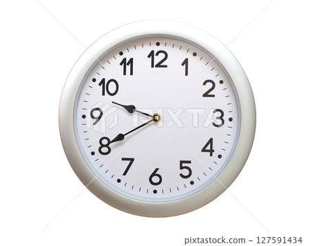 Round Silver Wall Clock Showing 09:40 or 21:40 Isolated-White. Useful for concepts like noon, midnight, deadline, countdown, or time management. Round Silver Wall Clock Showing 09:40 or 21:40 Isolated-White. Useful for concepts like noon, midnight, deadline, countdown, or time management. 127591434