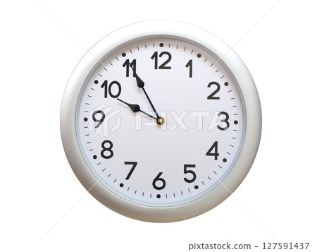 Round Silver Wall Clock Showing 09:55 or 21:55 Isolated-White. Useful for concepts like noon, midnight, deadline, countdown, or time management. 127591437
