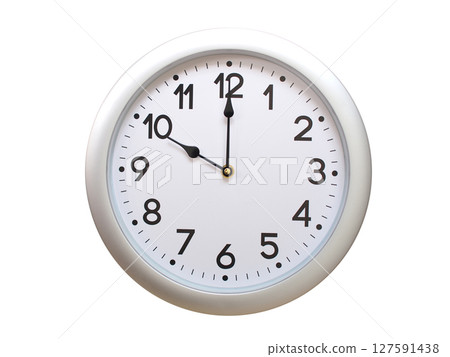 Round Silver Wall Clock Showing 10:00 or 22:00 Isolated-White. Useful for concepts like noon, midnight, deadline, countdown, or time management. 127591438