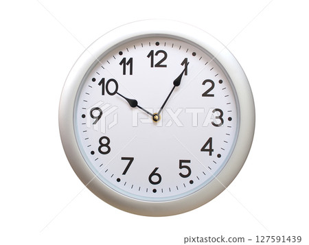 Round Silver Wall Clock Showing 10:05 or 22:05 Isolated-White. Useful for concepts like noon, midnight, deadline, countdown, or time management. 127591439
