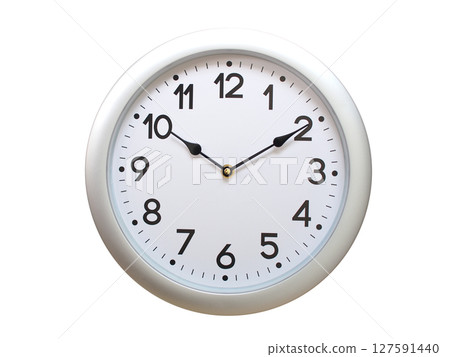 Round Silver Wall Clock Showing 10:10 or 22:10 Isolated-White. Useful for concepts like noon, midnight, deadline, countdown, or time management. 127591440