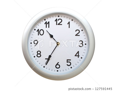 Round Silver Wall Clock Showing 10:35 or 22:35 Isolated-White. Useful for concepts like noon, midnight, deadline, countdown, or time management. Round Silver Wall Clock Showing 10:35 or 22:35 Isolated-White. Useful for concepts like noon, midnight, deadline, countdown, or time management. 127591445
