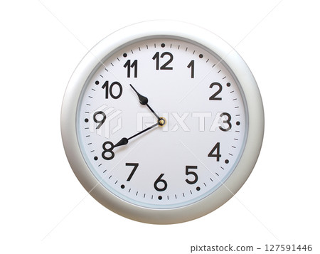 Round Silver Wall Clock Showing 10:40 or 22:40 Isolated-White. Useful for concepts like noon, midnight, deadline, countdown, or time management. 127591446