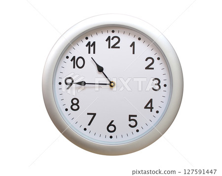 Round Silver Wall Clock Showing 10:45 or 22:45 Isolated-White. Useful for concepts like noon, midnight, deadline, countdown, or time management. 127591447