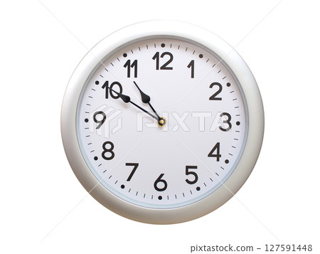 Round Silver Wall Clock Showing 10:50 or 22:50 Isolated-White. Useful for concepts like noon, midnight, deadline, countdown, or time management. 127591448