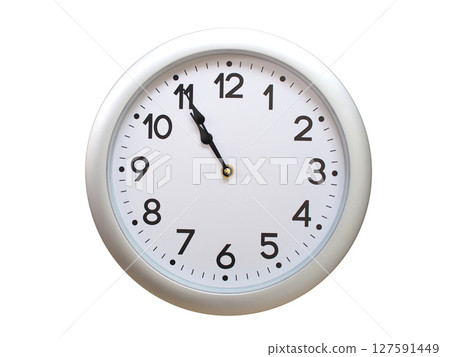 Round Silver Wall Clock Showing 10:55 or 22:55 Isolated-White. Useful for concepts like noon, midnight, deadline, countdown, or time management. 127591449