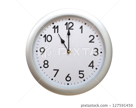 Round Silver Wall Clock Showing 11:00 or 23:00 Isolated-White. Useful for concepts like noon, midnight, deadline, countdown, or time management. 127591450
