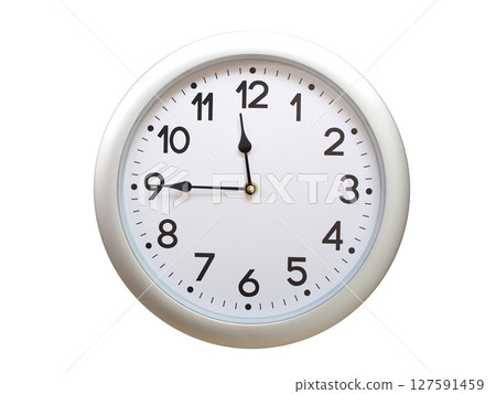 Round Silver Wall Clock Showing 11:45 or 23:45 Isolated-White. Useful for concepts like noon, midnight, deadline, countdown, or time management. 127591459
