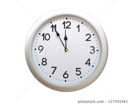 Round Silver Wall Clock Showing 11:55 or 23:55 Isolated-White. Useful for concepts like noon, midnight, deadline, countdown, or time management. 127591461