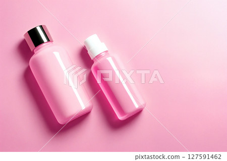 A perfume or a bottle for cosmetics on a pink background. Generative AI. A perfume or a bottle for cosmetics on a pink background. Generative AI. 127591462